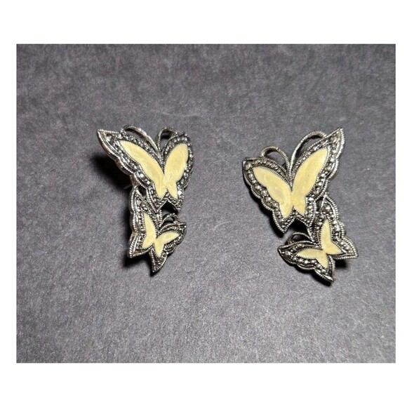 Silver Tone Avon Shimmery Cream Enamel Butterfly Earrings Vintage - Picture 9 of 10
